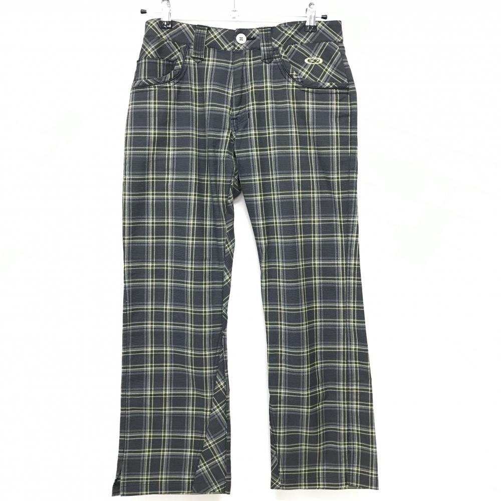 【美品】オークリー パンツ グレー×イエロー チェック ロゴ刺しゅう 裾スリット メンズ 32 ゴルフウェア Oakley