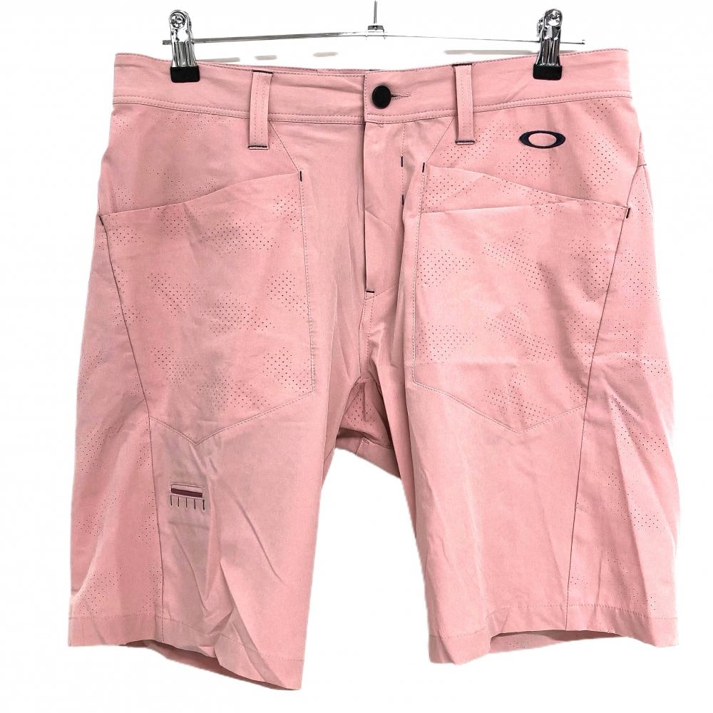 【美品】オークリー ハーフパンツ ピンク×ネイビー ロゴ刺しゅう ティー装着可 メンズ 34 ゴルフウェア Oakley