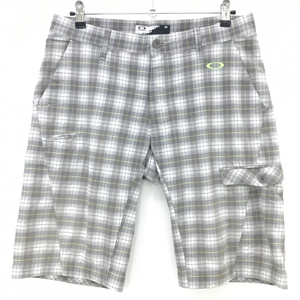 【超美品】オークリー ハーフパンツ グレー×ライトグリーン チェック ロゴ刺しゅう ティー装着可 メンズ 36 ゴルフウェア Oakley