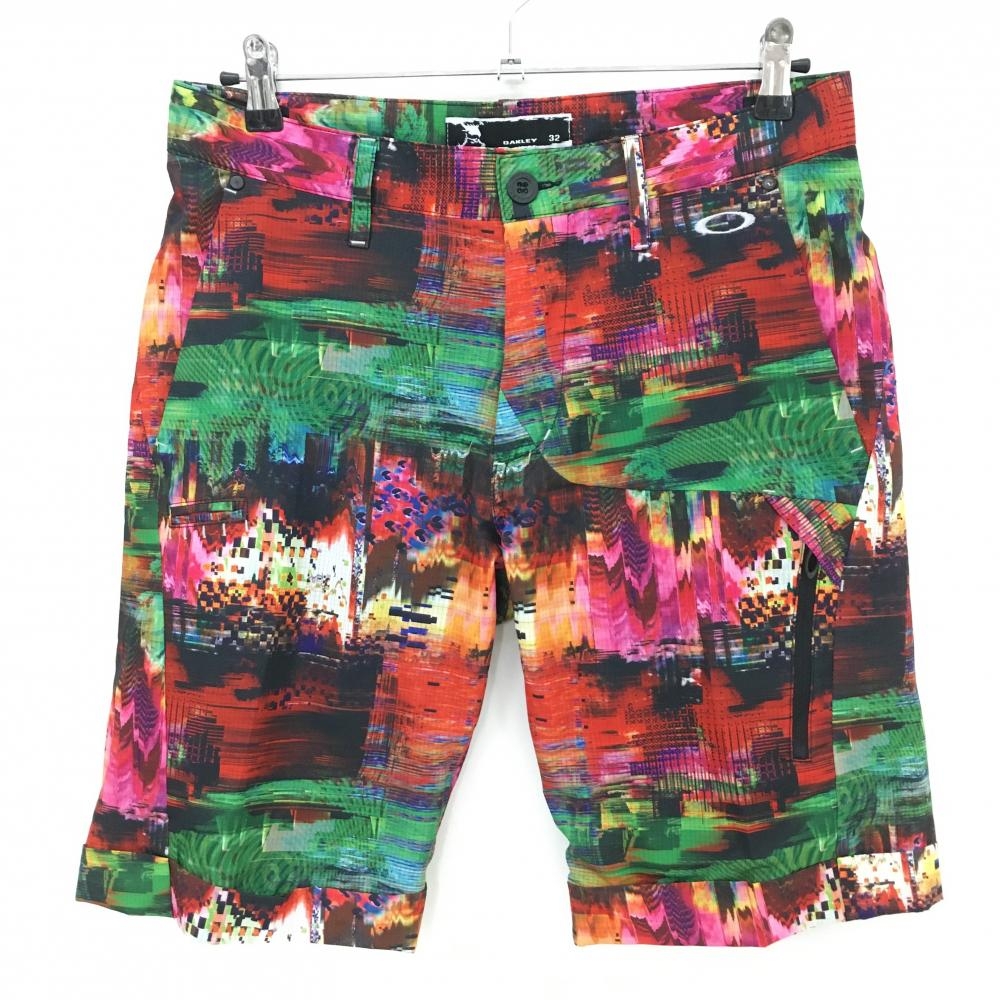 【美品】オークリー ハーフパンツ レッド×グリーン 総柄 メッシュ調 メンズ 32 ゴルフウェア Oakley