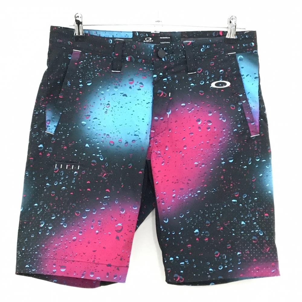 【美品】オークリー ハーフパンツ 黒×ピンク 水滴風総柄 ティー装着可 ストレッチ  メンズ 32 ゴルフウェア Oakley