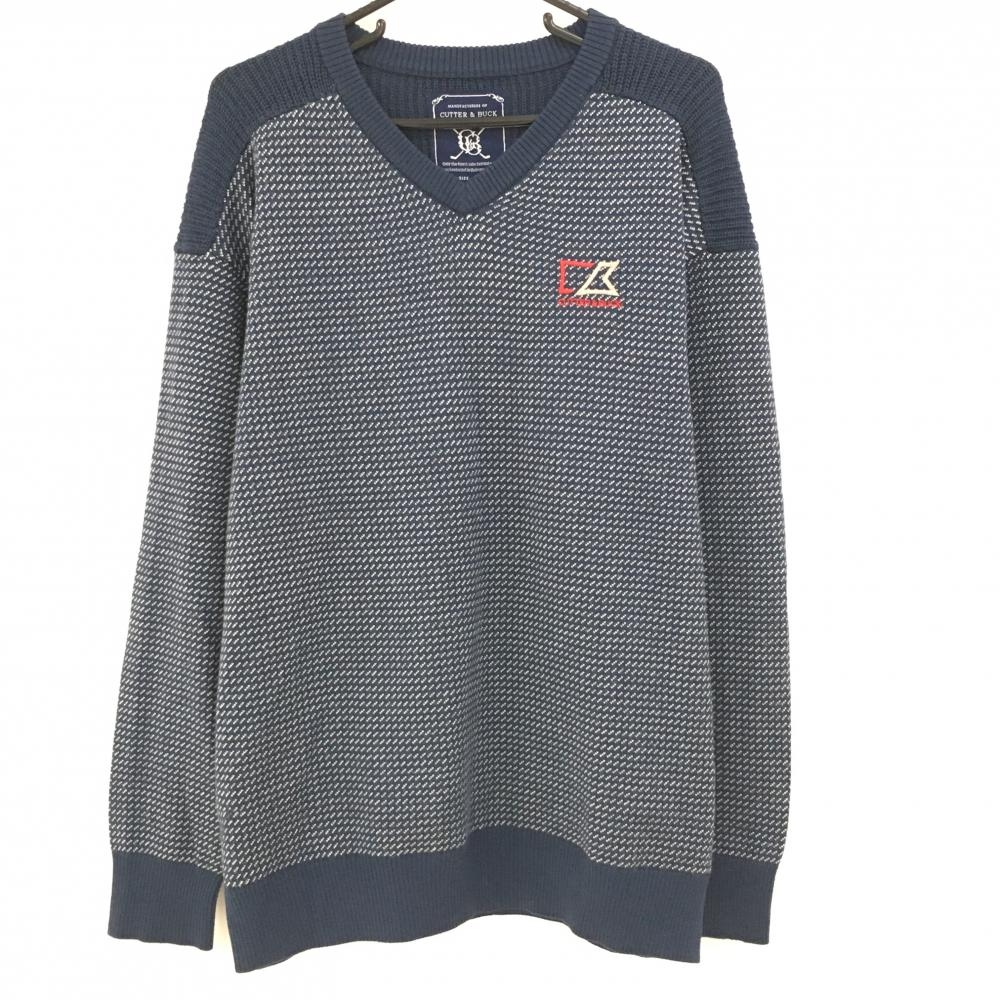 【美品】カッターアンドバック セーター ネイビー×白 前身頃裏地付き ウール混  メンズ 3L ゴルフウェア 大きいサイズ CUTTER＆BUCK