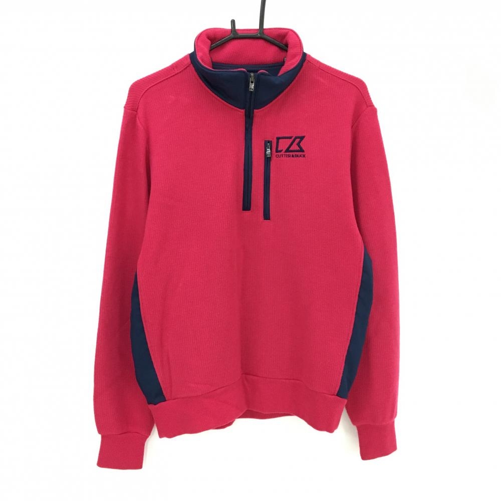 【美品】カッターアンドバック ハイネックセーター ピンク×ネイビー ニット 裏起毛 ハーフジップ  メンズ M ゴルフウェア CUTTER＆BUCK