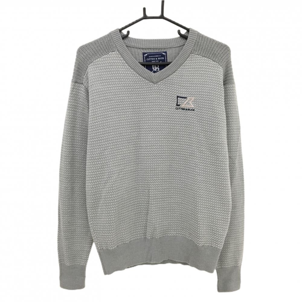 【美品】カッターアンドバック セーター グレー×白 総柄編み ニット ウール混 Vネック メンズ M ゴルフウェア CUTTER＆BUCK