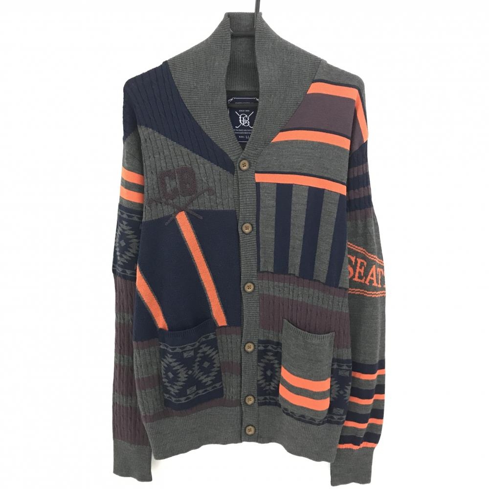 【美品】カッターアンドバック カーディガン グレー×ネイビー 総柄 ウール混  メンズ LL ゴルフウェア CUTTER＆BUCK