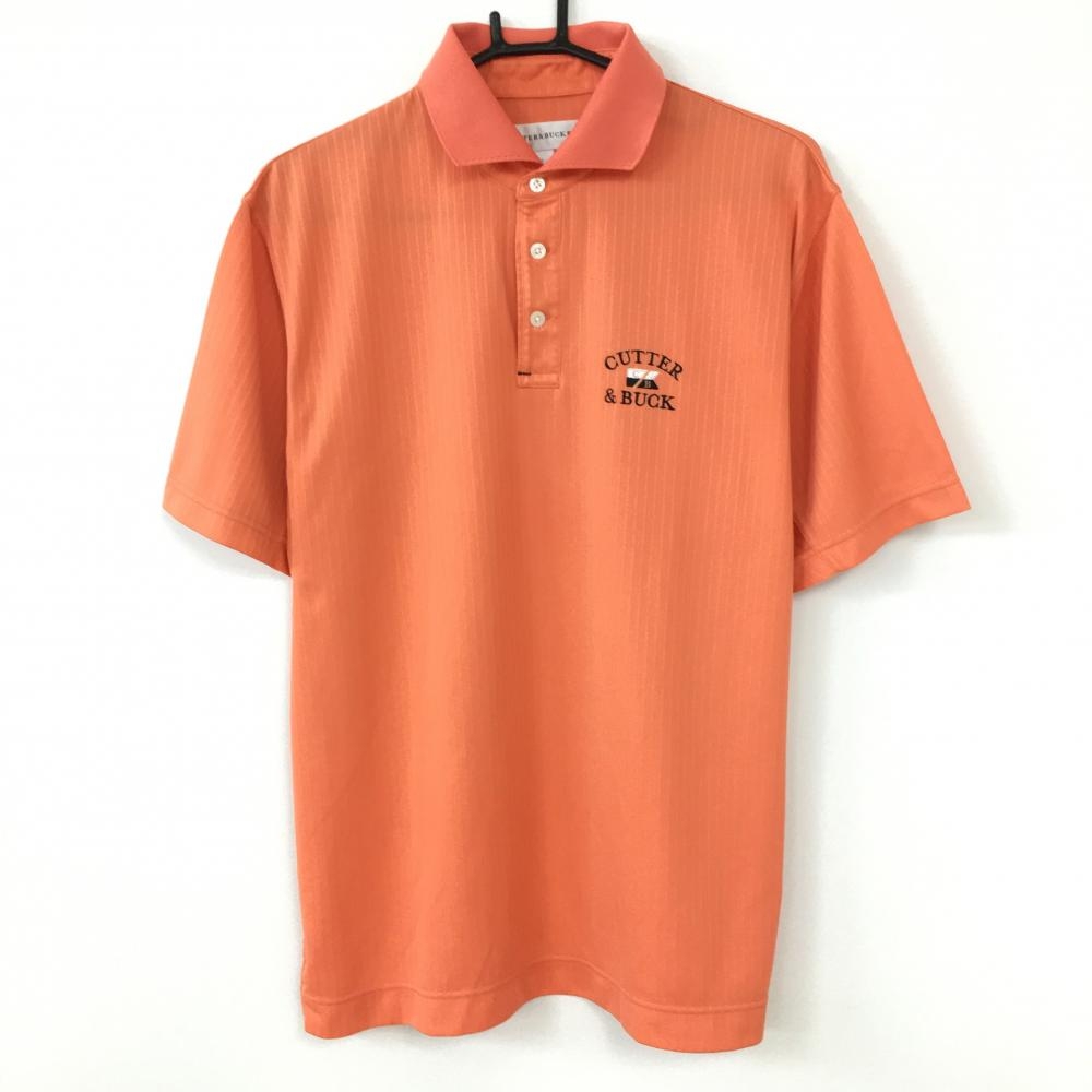 CUTTER＆BUCK カッターアンドバック 半袖ポロシャツ サーモンオレンジ ストライプ織生地  メンズ L ゴルフウェア 画像