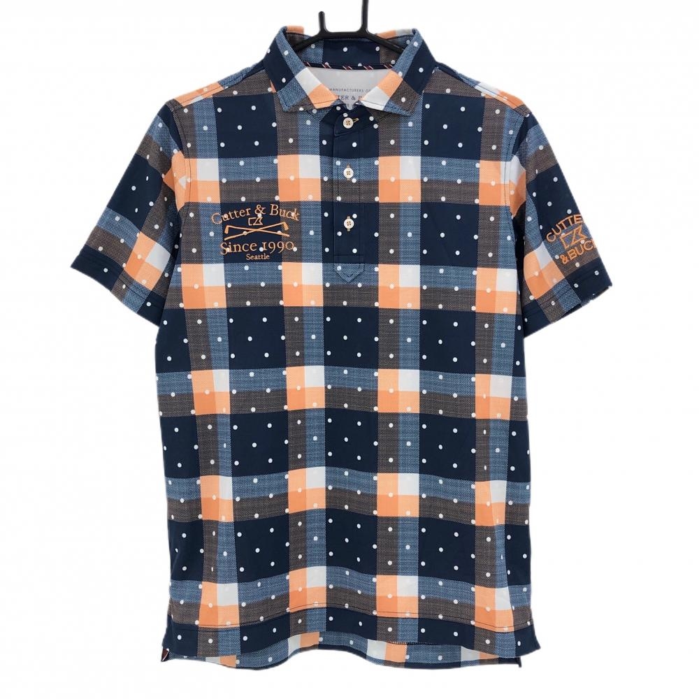 【美品】カッターアンドバック 半袖ポロシャツ ネイビー×白 チェック ドット  メンズ M ゴルフウェア CUTTER＆BUCK