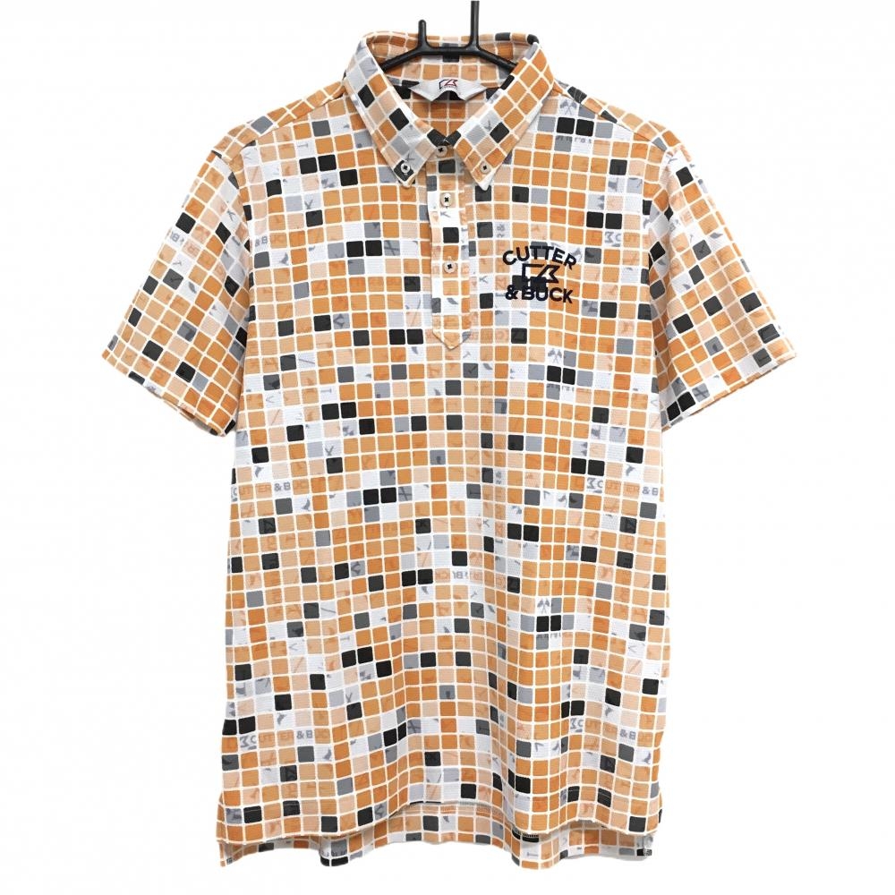 【超美品】カッターアンドバック 半袖ポロシャツ 白×オレンジ スクエア柄 織生地 メンズ L ゴルフウェア CUTTER＆BUCK