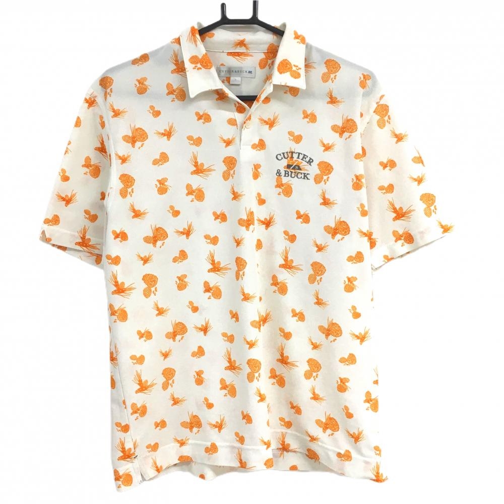 【美品】カッターアンドバック 半袖ポロシャツ アイボリー×オレンジ 松ぼっくり メンズ L ゴルフウェア CUTTER＆BUCK