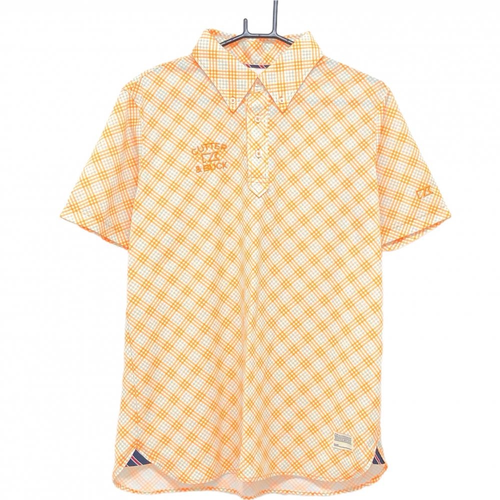 【超美品】カッターアンドバック 半袖ポロシャツ オレンジ×グレー チェック メンズ L ゴルフウェア CUTTER＆BUCK