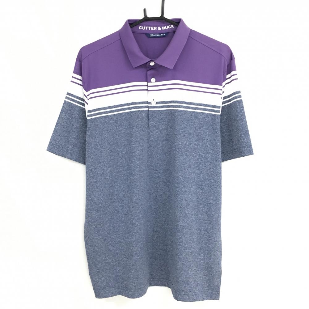 【超美品】カッターアンドバック 半袖ポロシャツ パープル×杢ネイビー 胸元ボーダー ネックロゴ メンズ S/P ゴルフウェア CUTTER＆BUCK