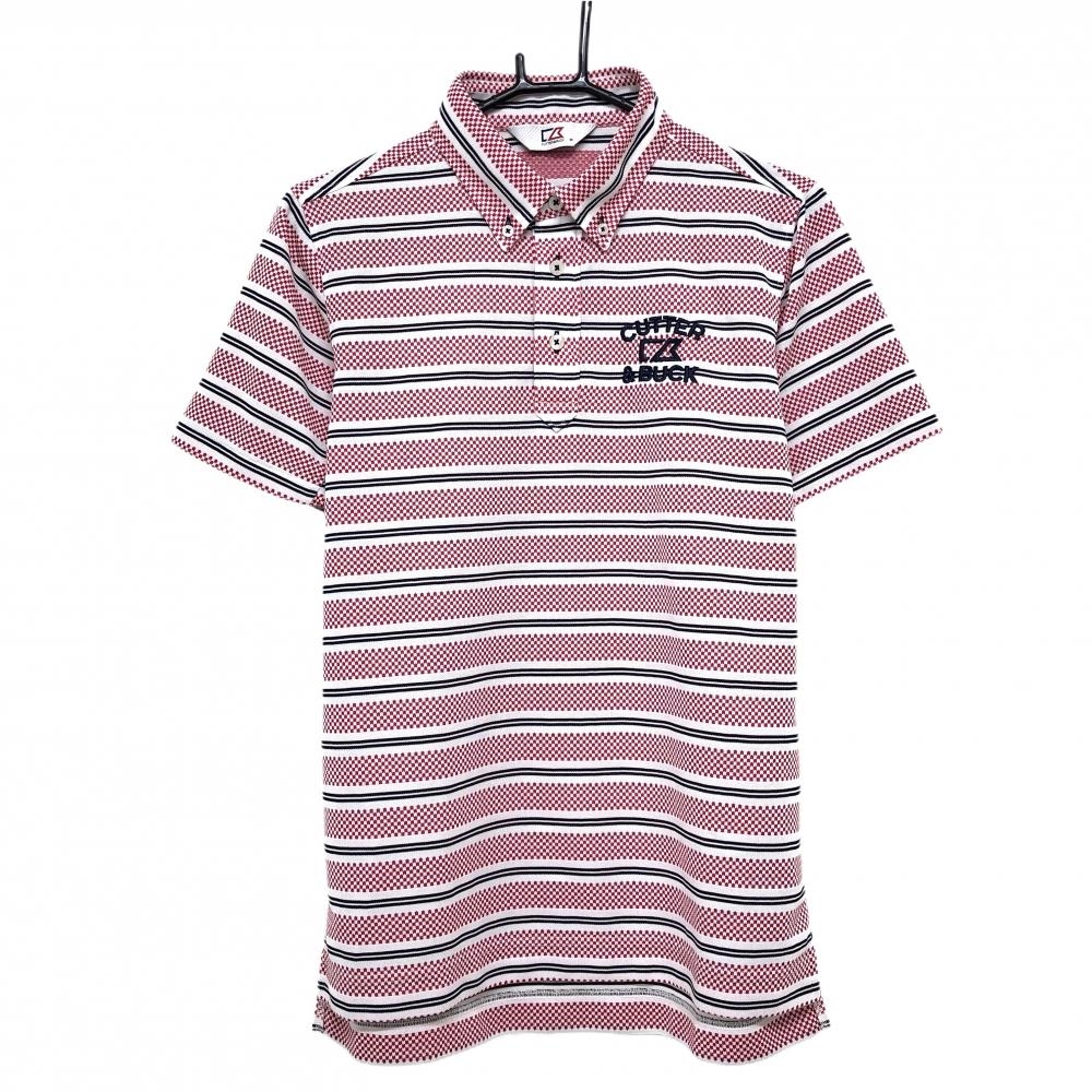 【超美品】カッターアンドバック 半袖ポロシャツ レッド×黒×白 ボーダー調 ボタンダウン メンズ M ゴルフウェア CUTTER＆BUCK