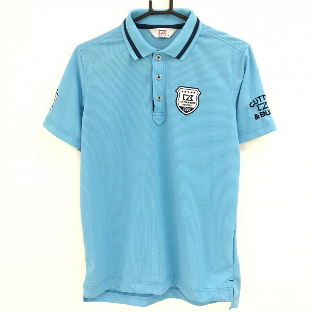 カッターアンドバック 半袖ポロシャツ ライトブルー×ネイビー メッシュ調生地 襟縁ライン メンズ M ゴルフウェア CUTTER＆BUCK