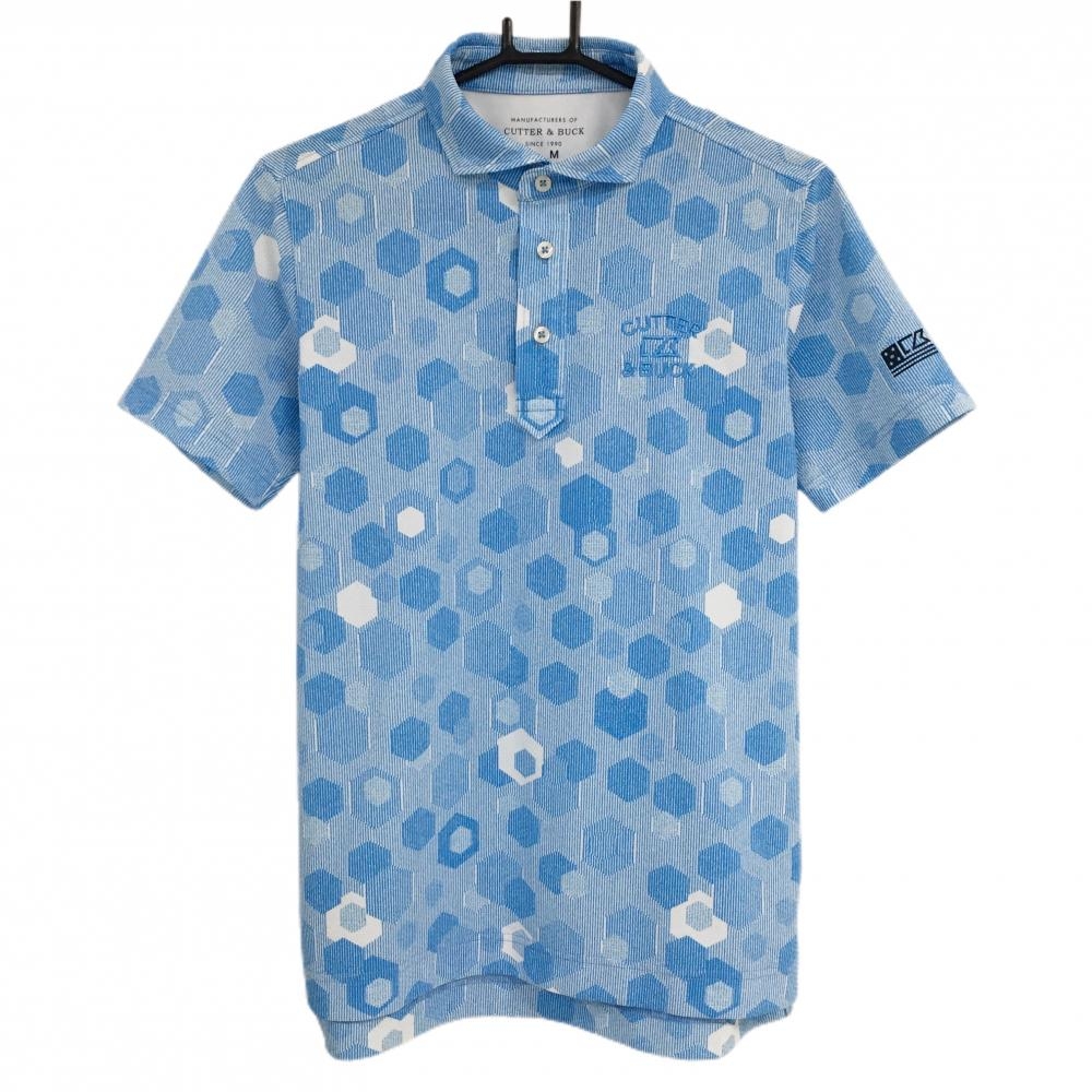 【超美品】カッターアンドバック 半袖ポロシャツ ライトブルー×白 総柄 メンズ M ゴルフウェア CUTTER＆BUCK