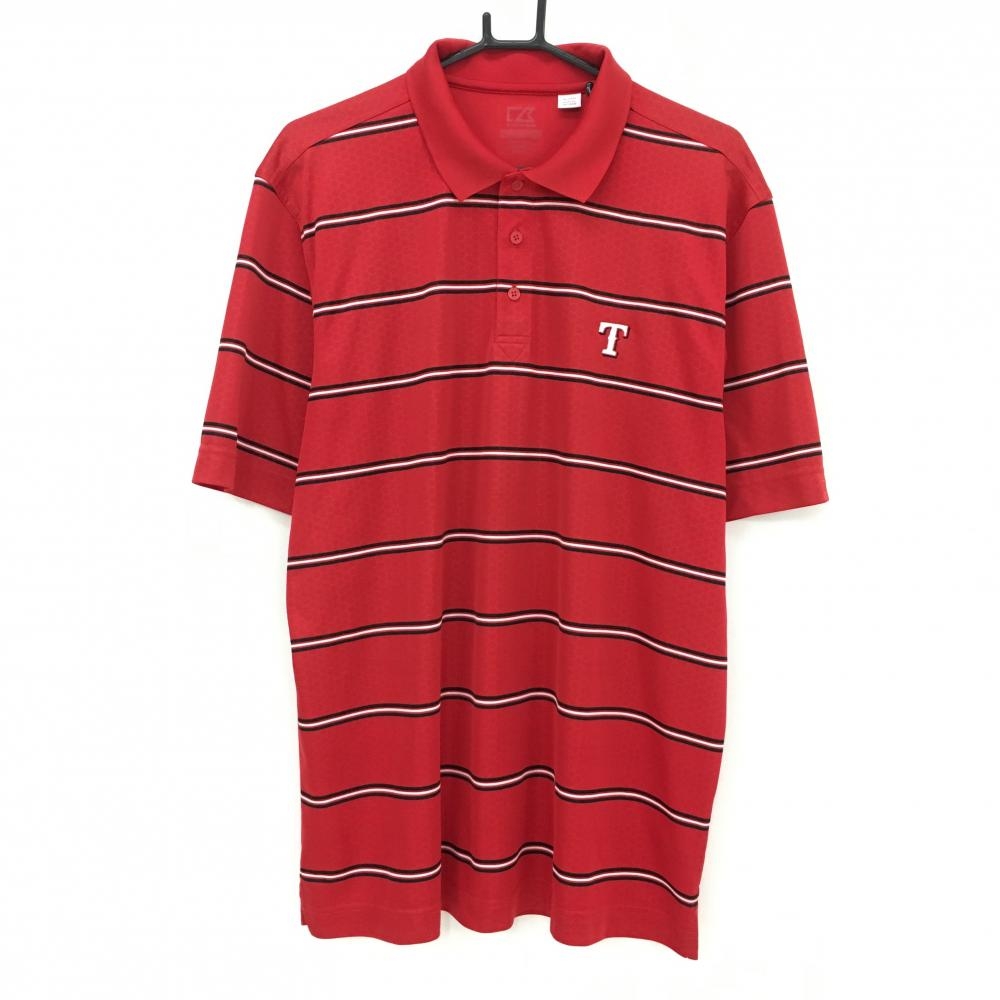 【美品】カッターアンドバック 半袖ポロシャツ レッド×黒 ボーダー 地模様  メンズ XL/TG ゴルフウェア CUTTER＆BUCK