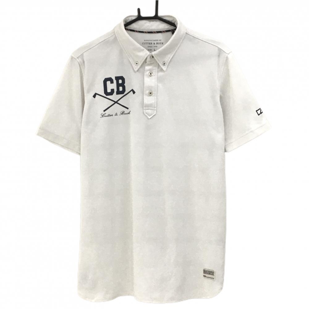 カッターアンドバック 半袖ポロシャツ 白×ネイビー 地模様 ボタンダウン  メンズ L ゴルフウェア CUTTER＆BUCK