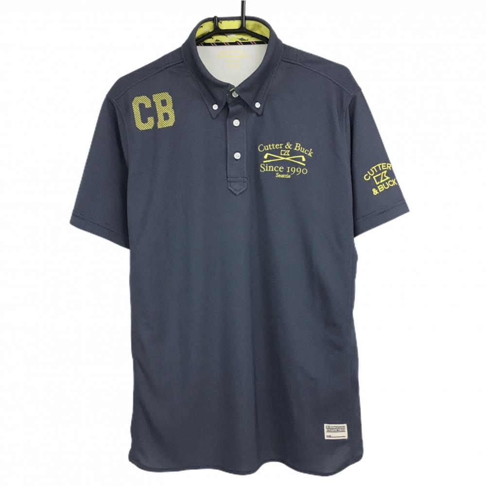 【美品】カッターアンドバック 半袖ポロシャツ ネイビー×イエロー ロゴ刺しゅう ネック内側魚柄  メンズ LL ゴルフウェア CUTTER＆BUCK