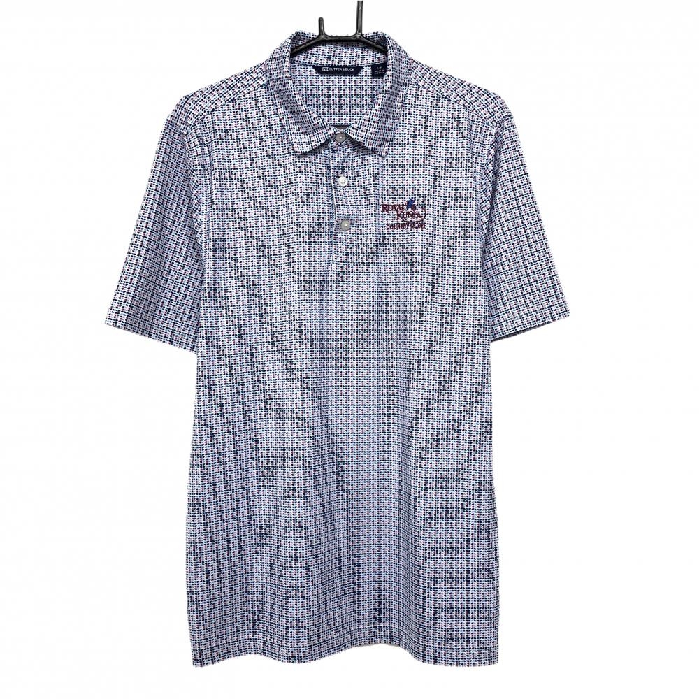 【超美品】カッターアンドバック 半袖ポロシャツ 白×ブルー×レッド 総柄 ROYAL KUNLA メンズ S/P ゴルフウェア CUTTER＆BUCK