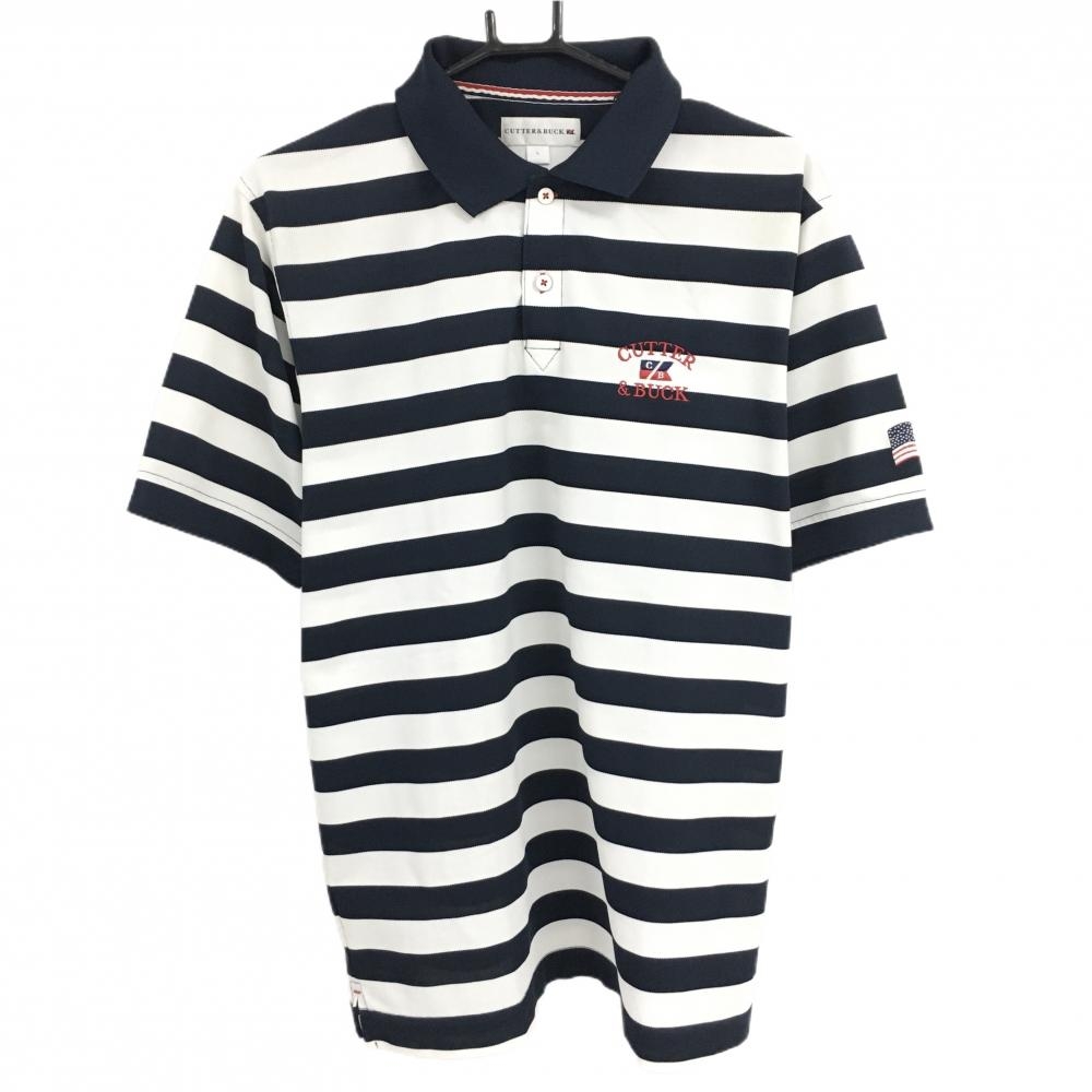 カッターアンドバック 半袖ポロシャツ ネイビー×白 ボーダー ロゴ刺しゅう メンズ L ゴルフウェア CUTTER＆BUCK