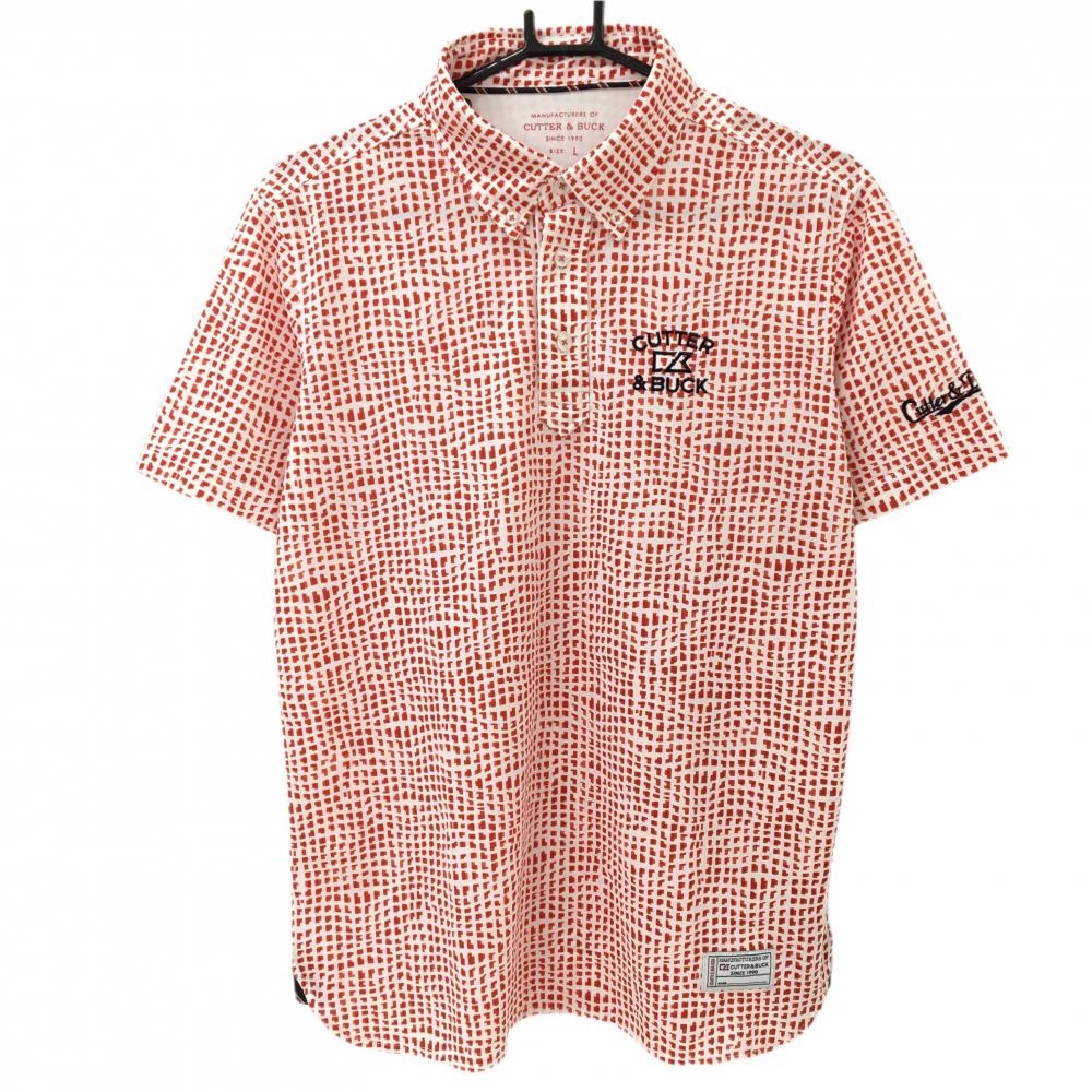 【超美品】カッターアンドバック 半袖ポロシャツ 白×レッド 総柄 ボタンダウン ロゴ刺しゅう メンズ L ゴルフウェア CUTTER＆BUCK
