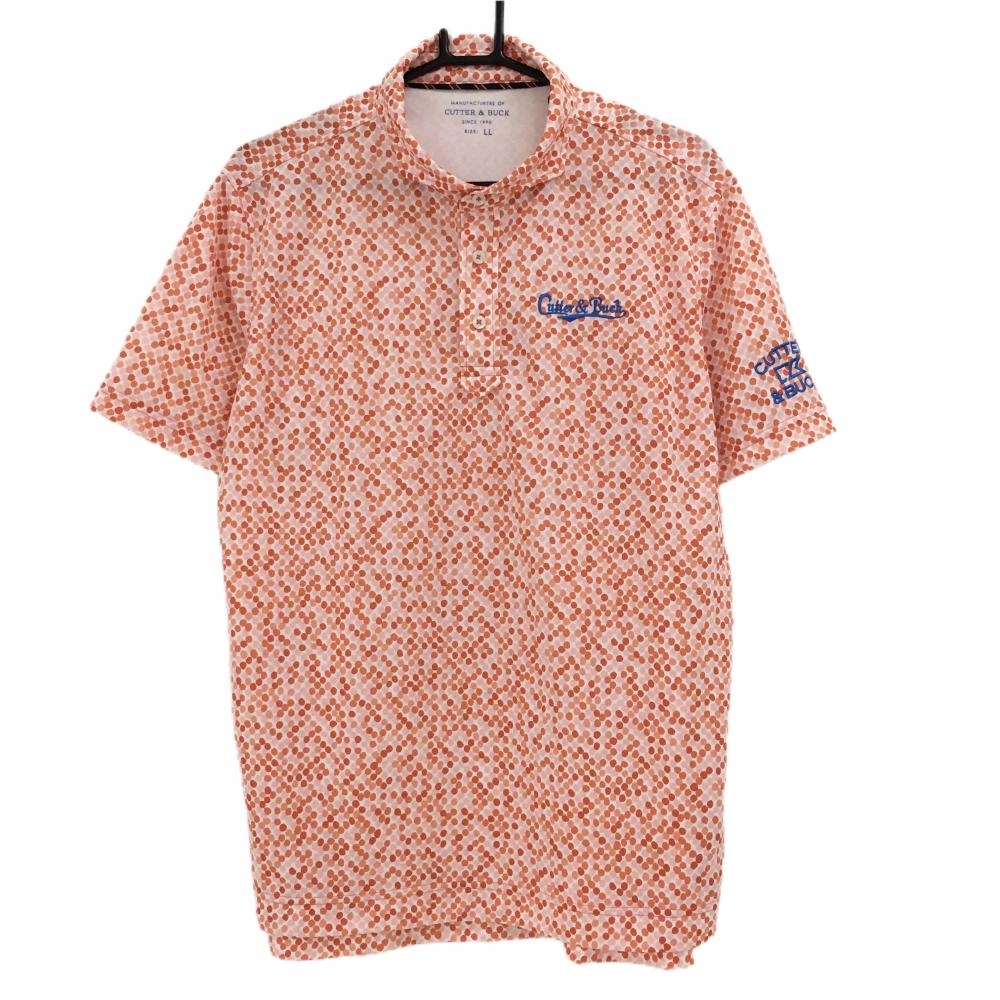 【超美品】カッターアンドバック 半袖ポロシャツ オレンジ×白 総柄 ドット風 ロゴブルー メンズ LL ゴルフウェア CUTTER＆BUCK