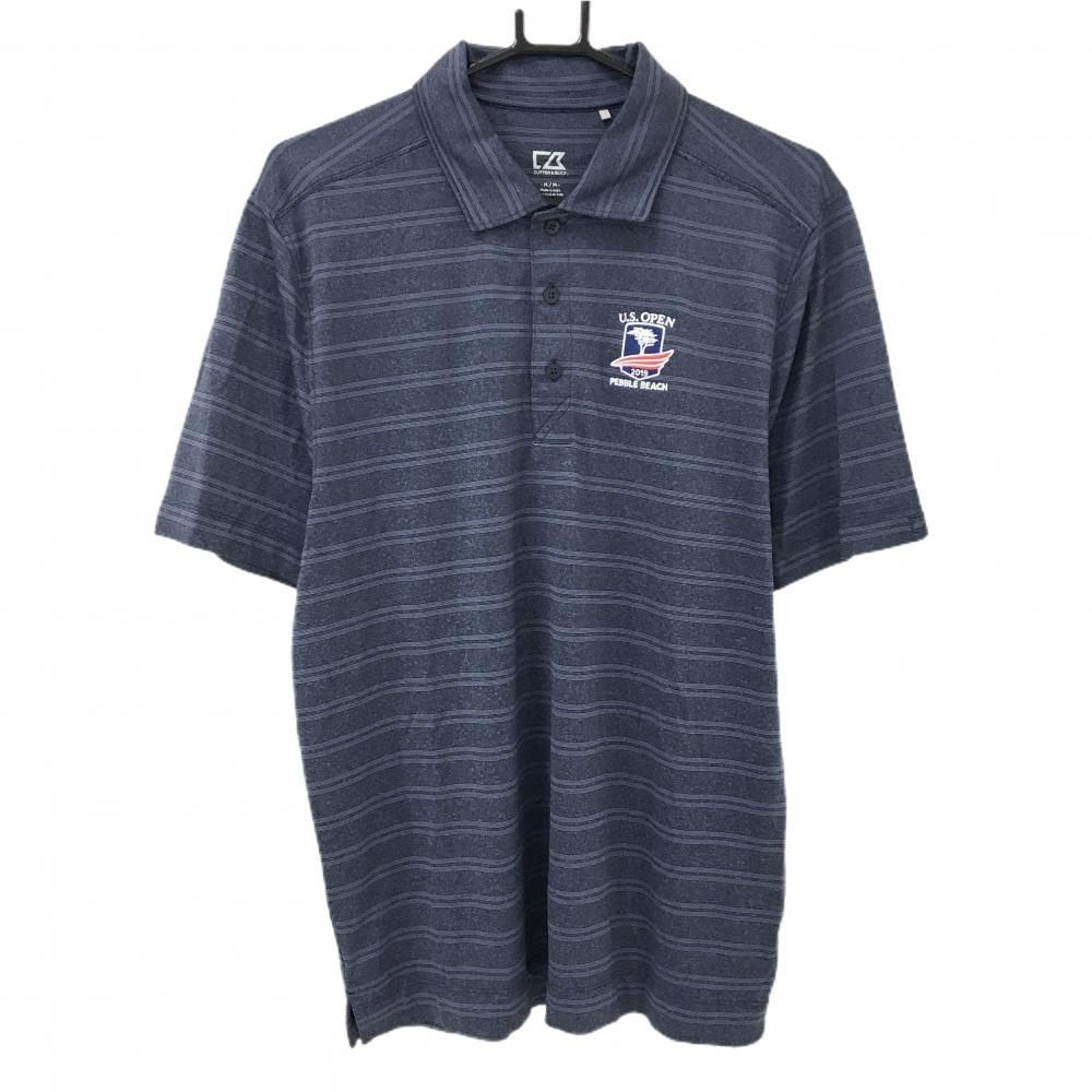【超美品】カッターアンドバック 半袖ポロシャツ 杢ネイビー系 ボーダー 胸ロゴ U.S.OPEN メンズ M/M ゴルフウェア CUTTER＆BUCK