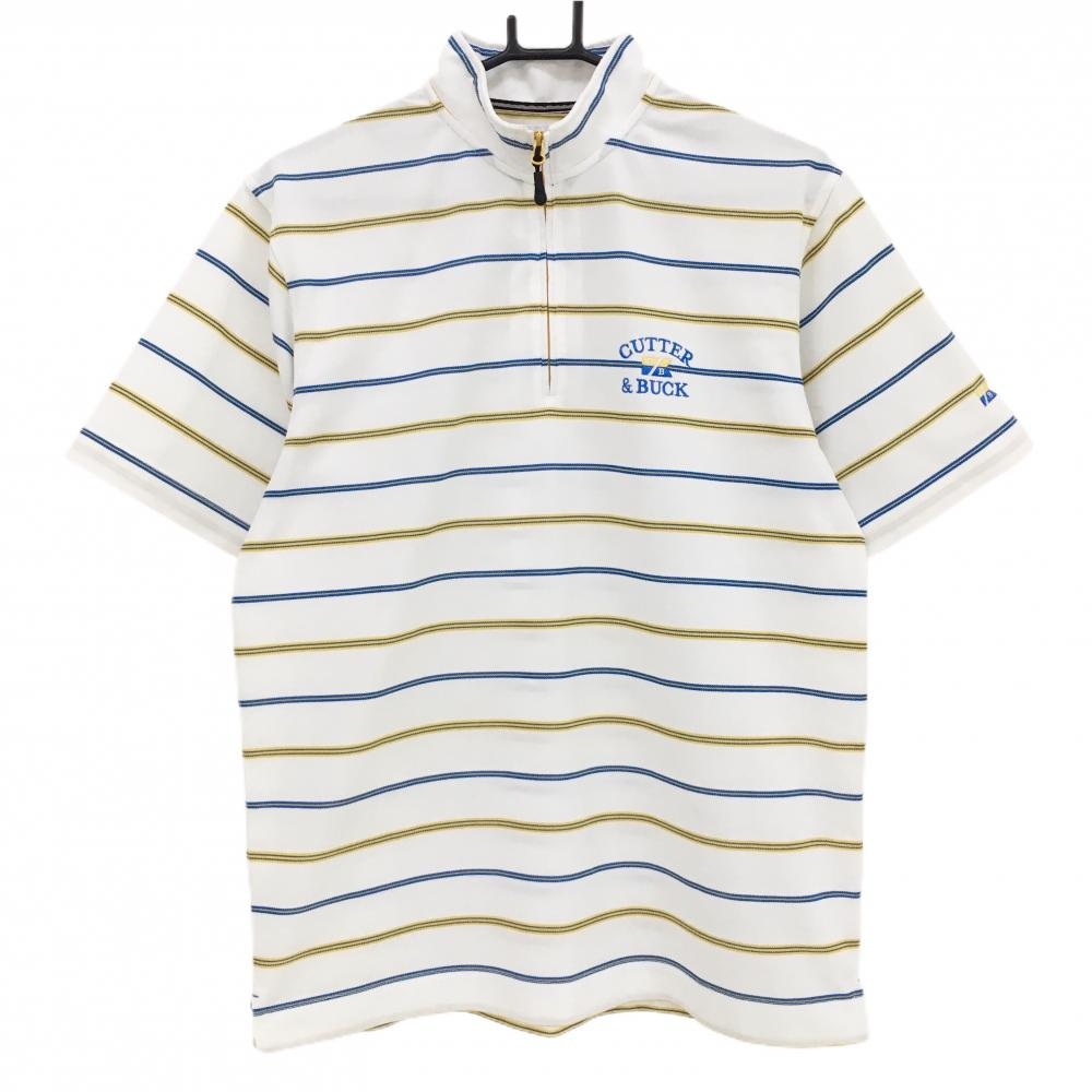 カッターアンドバック 半袖ハイネックシャツ 白×イエロー ボーダー ハーフジップ メンズ 42(L) ゴルフウェア CUTTER＆BUCK