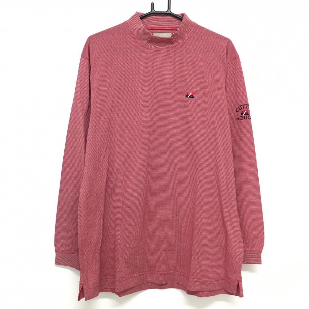 【美品】カッターアンドバック 長袖ハイネックシャツ レッド×白 ボーダー織生地 ロゴ刺しゅう メンズ LL ゴルフウェア CUTTER＆BUCK