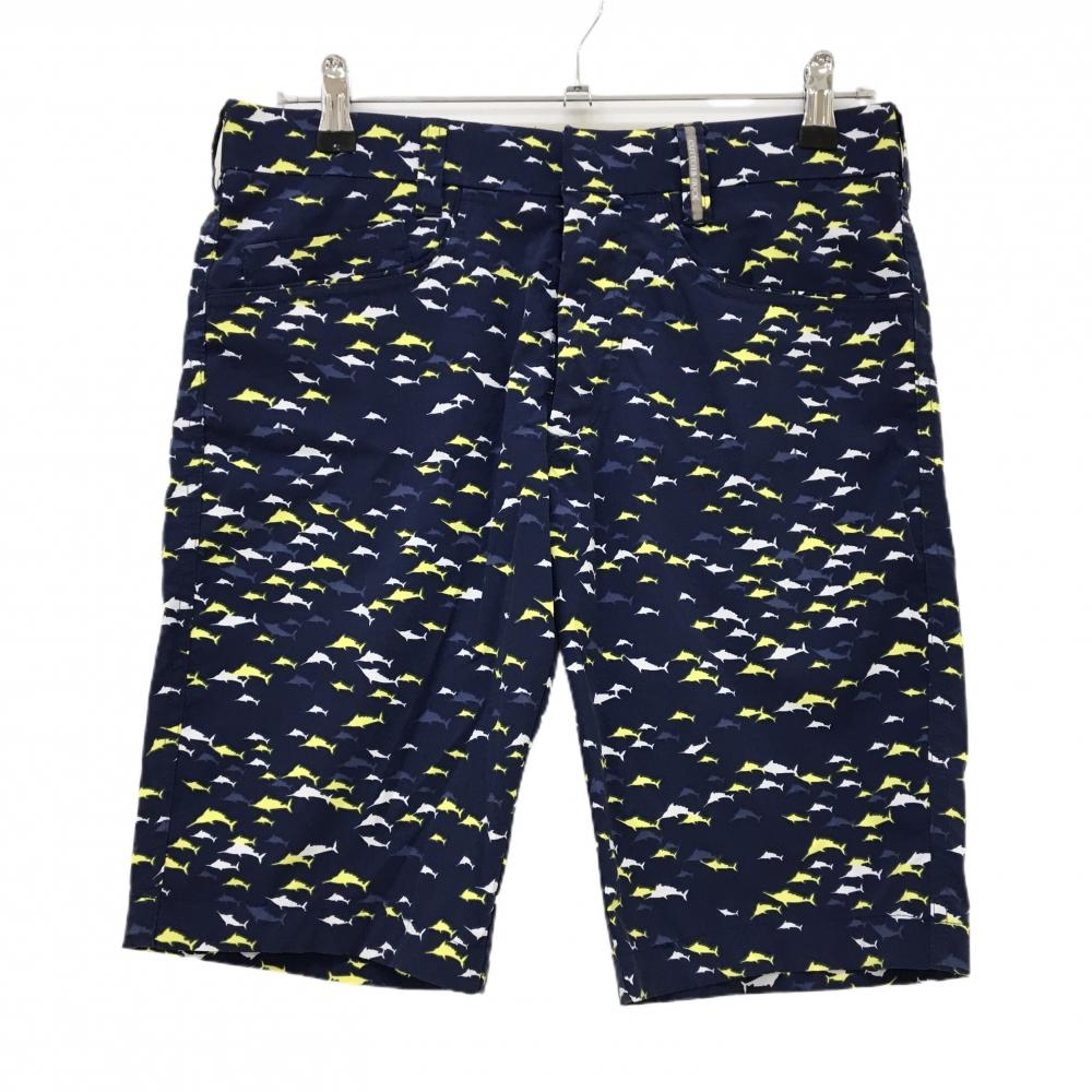 【超美品】カッターアンドバック ハーフパンツ ネイビー×白×イエロー 総柄 さかな  メンズ 79 ゴルフウェア CUTTER＆BUCK