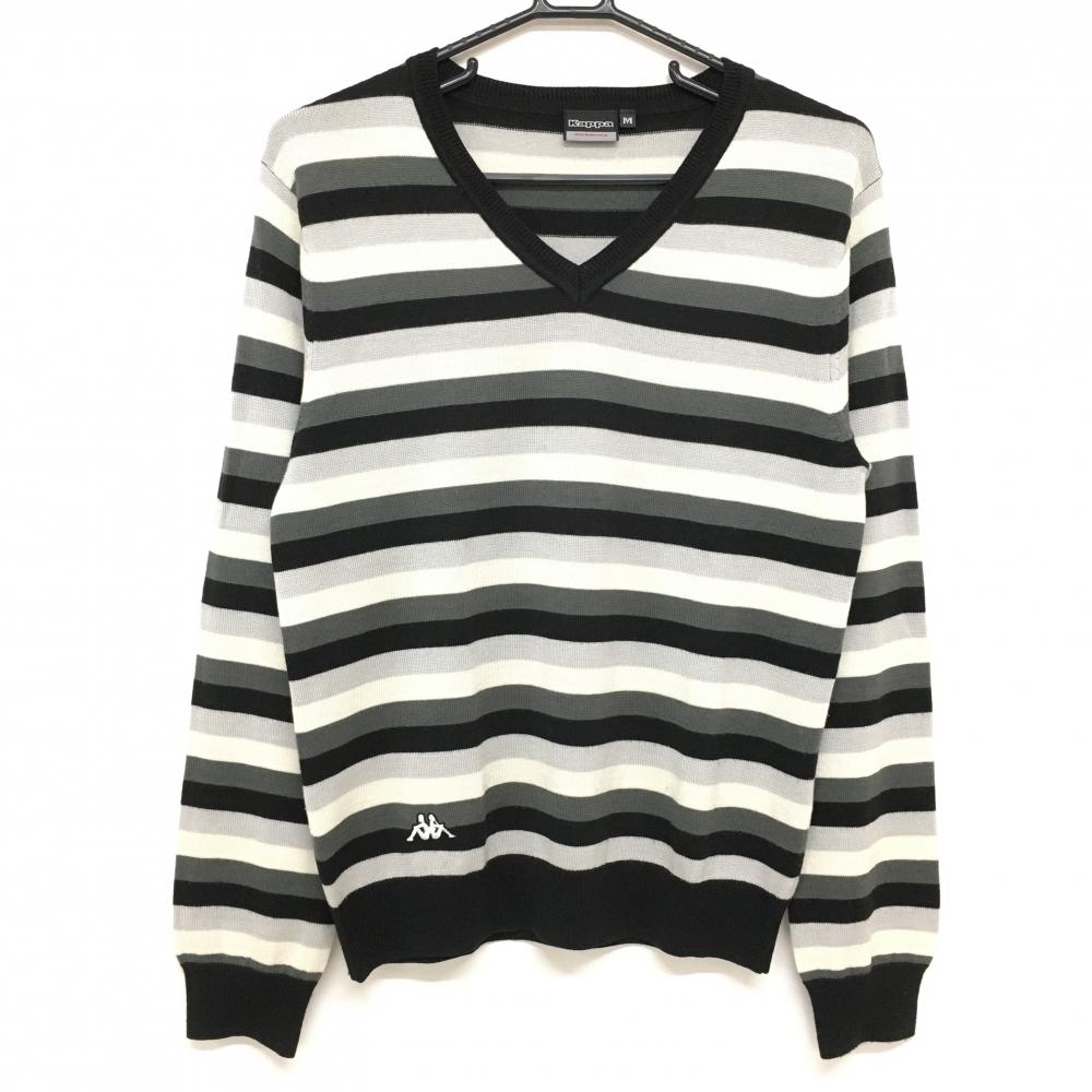 【美品】カッパ セーター 黒×白×グレー ボーダー Vネック メンズ M ゴルフウェア Kappa