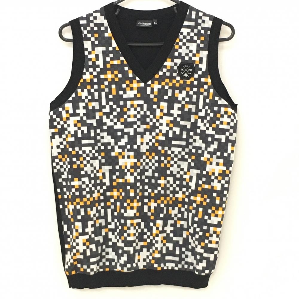 【超美品】カッパ 異素材ニットベスト 黒×白×オレンジ 前身頃ブロックチェック Vネック メンズ L ゴルフウェア Kappa