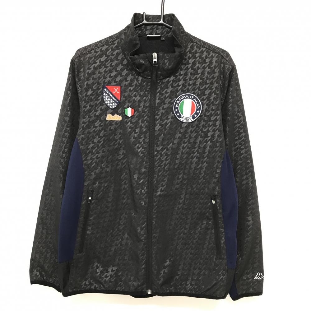 【美品】カッパ 切替ジャケット 黒×ダークグレー 総柄 サイドネイビー 複数ワッペン メンズ LL ゴルフウェア Kappa