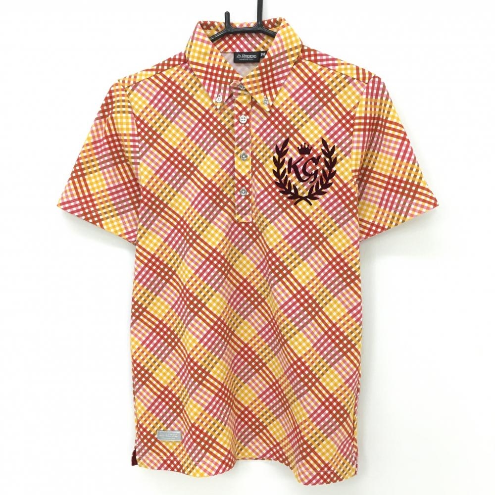 【超美品】カッパ 半袖ポロシャツ オレンジ×レッド チェック ボタンダウン メンズ M ゴルフウェア Kappa