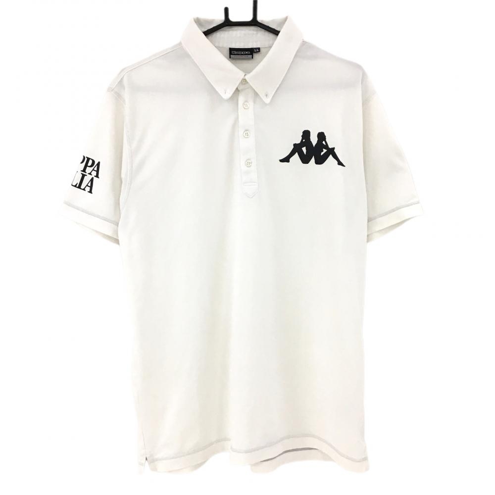 カッパ 半袖ポロシャツ 白×黒 ロゴプリント 袖ワッペン 内側一部千鳥柄 メンズ LL ゴルフウェア Kappa