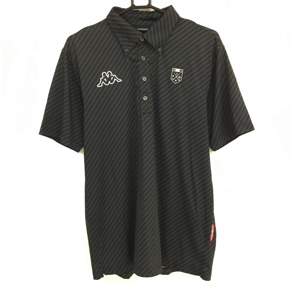 【美品】カッパ 半袖ポロシャツ 黒×グレー 総柄 胸ワッペン ボタンダウン  メンズ XO(2XL) ゴルフウェア 大きいサイズ Kappa