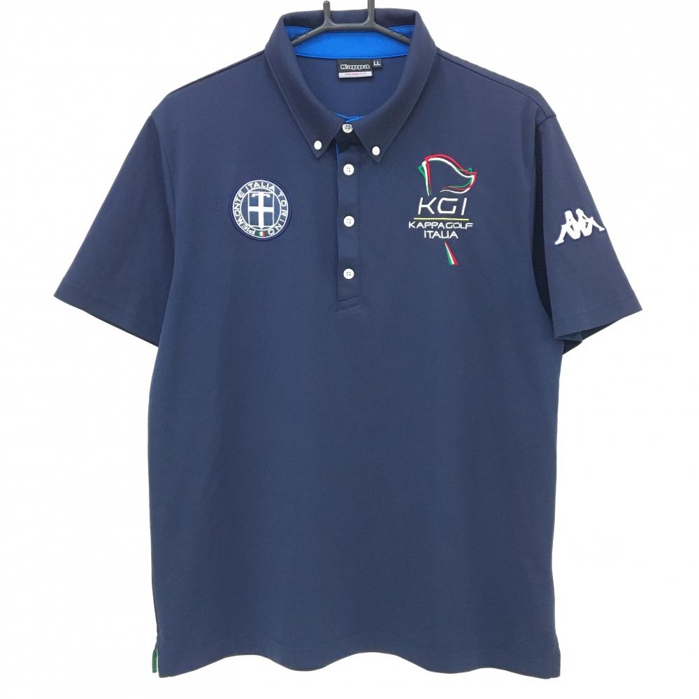 【美品】カッパ 半袖ポロシャツ ネイビー×白 ボタンダウン 胸ロゴ メンズ LL ゴルフウェア Kappa