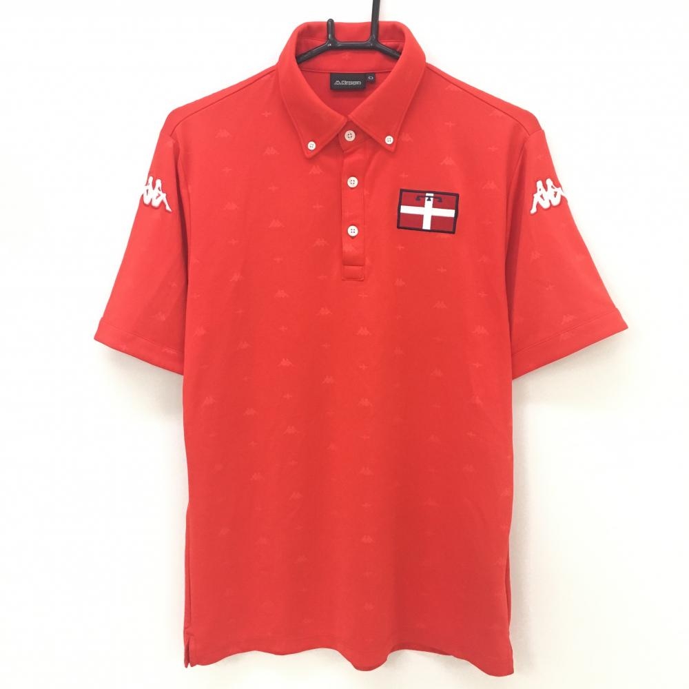 【超美品】カッパ 半袖ポロシャツ レッド系 ロゴ総柄地模様 ボタンダウン メンズ 0(XL) ゴルフウェア Kappa
