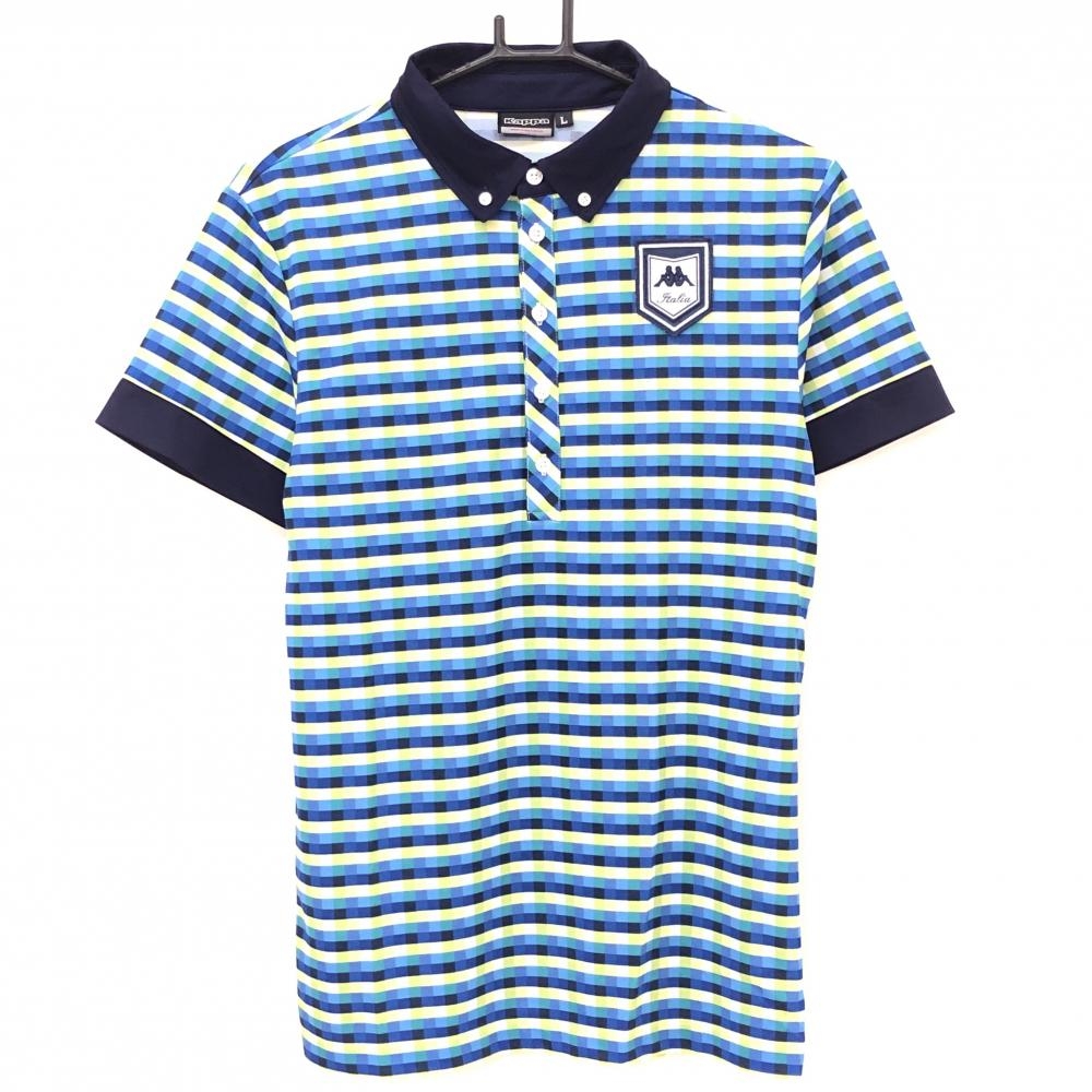 【美品】カッパ 半袖ポロシャツ ブルー×ライトグリーン ブロックチェック柄 ロゴワッペン メンズ L ゴルフウェア Kappa