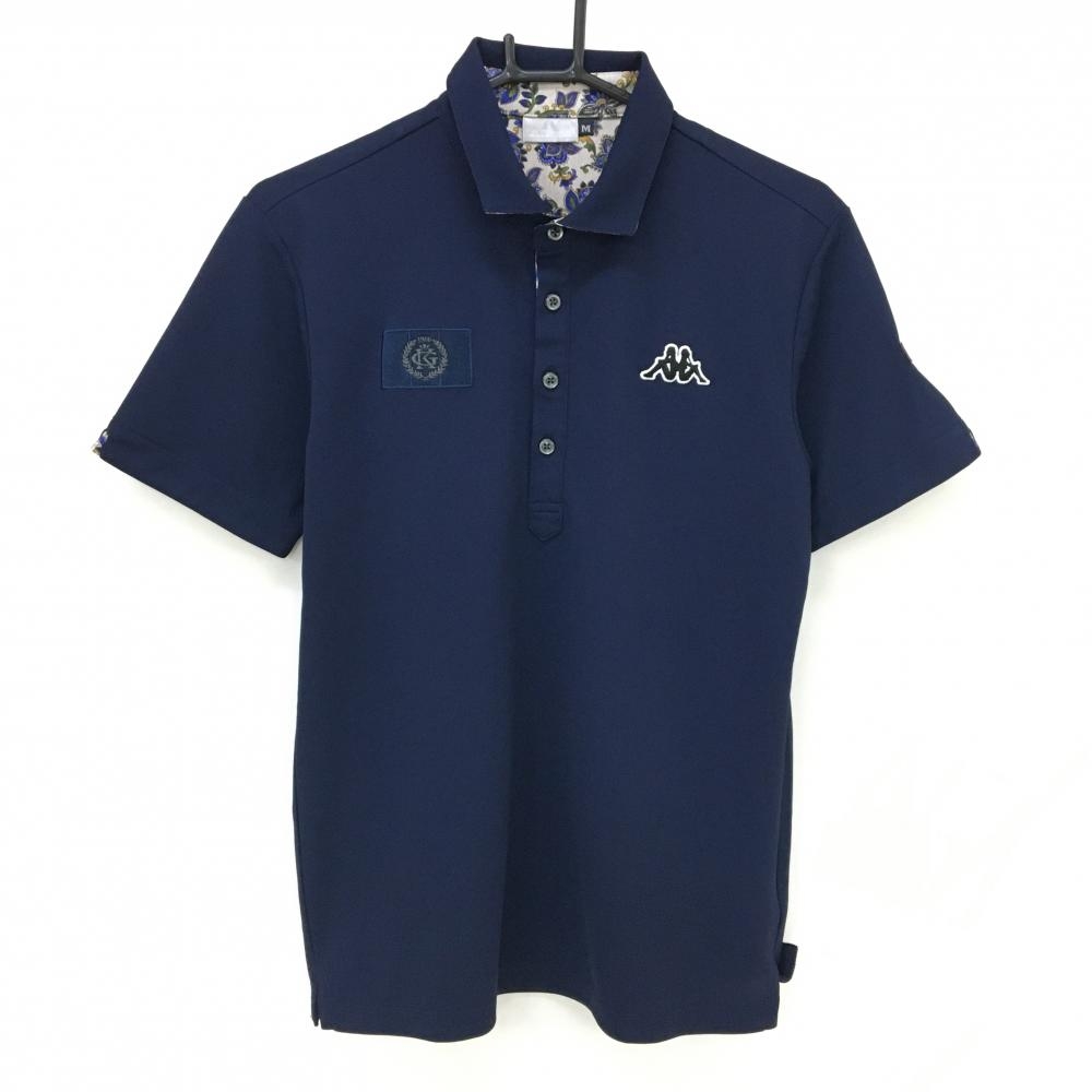 【超美品】カッパ 半袖ポロシャツ ネイビー 胸元ロゴ 袖ワッペン メンズ M ゴルフウェア Kappa