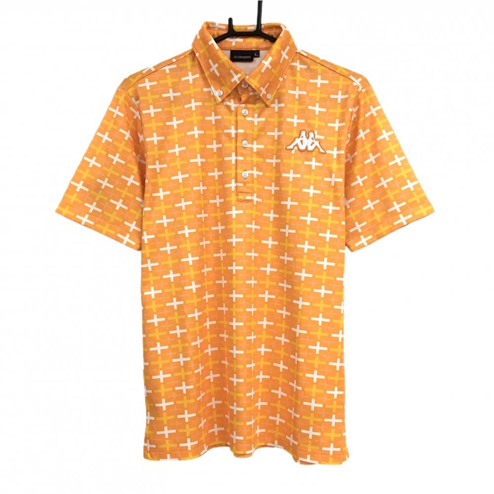 【美品】カッパ 半袖ポロシャツ オレンジ×白 総柄 ロゴ刺しゅう ボタンダウン メンズ L ゴルフウェア Kappa