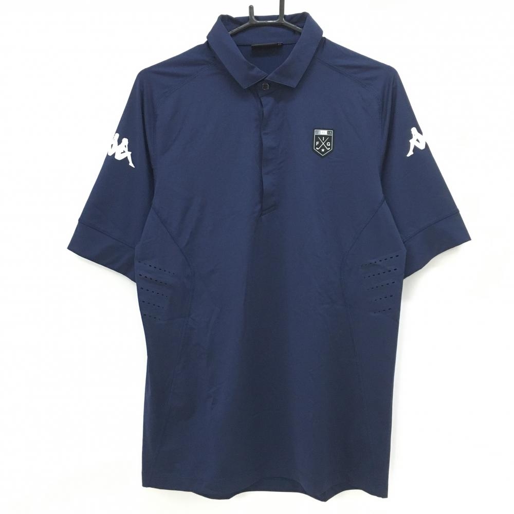 【美品】カッパ 半袖ポロシャツ ネイビー×白 ワッペン ストレッチ ボタンはがれ小 メンズ 0(XL) ゴルフウェア Kappa