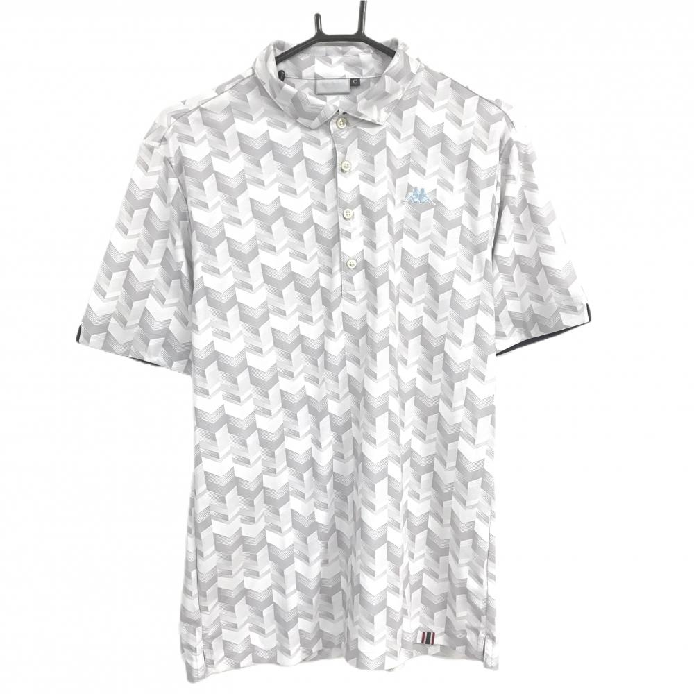 【超美品】カッパ 半袖ポロシャツ 白×ライトグレー ヘリンボーン風 ロゴ刺しゅう メンズ 0(XL) ゴルフウェア Kappa