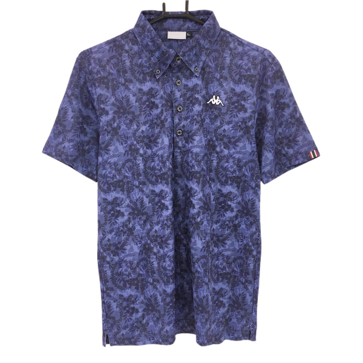 カッパ 半袖ポロシャツ ブルー×ネイビー ハイビスカス柄 ロゴ刺しゅう メンズ L ゴルフウェア Kappa