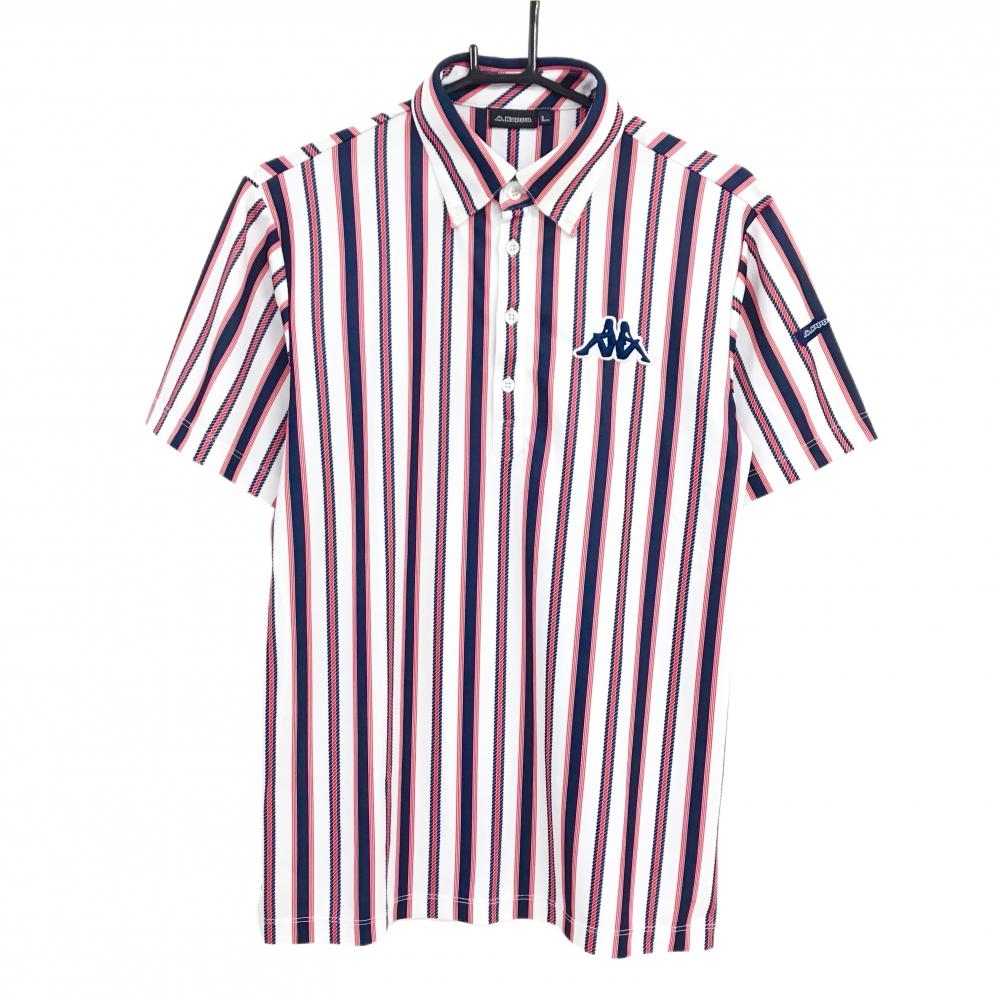 【美品】カッパ 半袖ポロシャツ 白×ネイビー×レッド ストライプ ロゴ刺しゅう ボタンダウン メンズ L ゴルフウェア Kappa