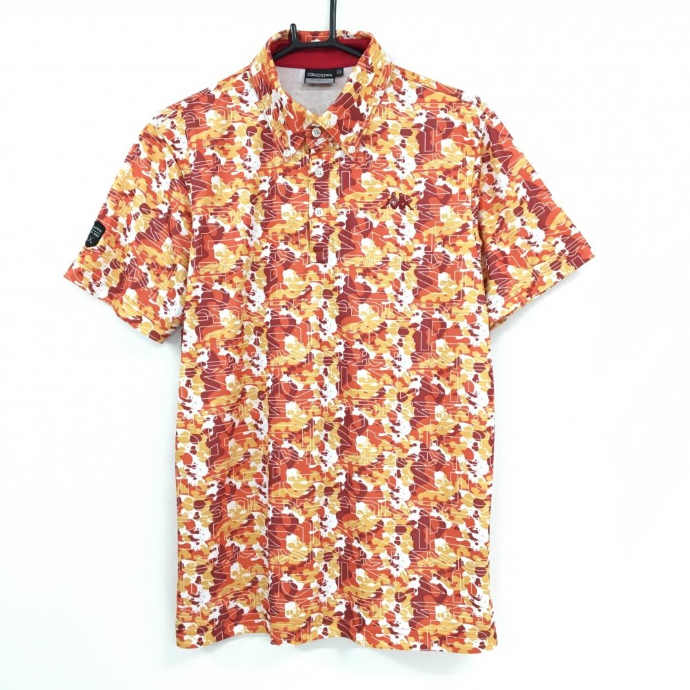 【超美品】カッパ 半袖ポロシャツ オレンジ×イエロー 総柄 ボタンダウン メンズ O(XL) ゴルフウェア Kappa