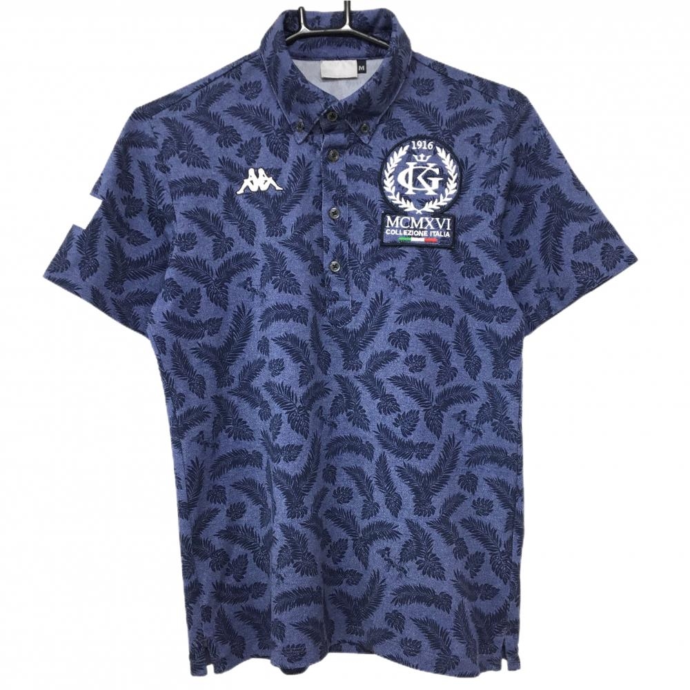 【超美品】カッパ 半袖ポロシャツ ネイビー リーフ総柄 ボタンダウン  メンズ M ゴルフウェア Kappa