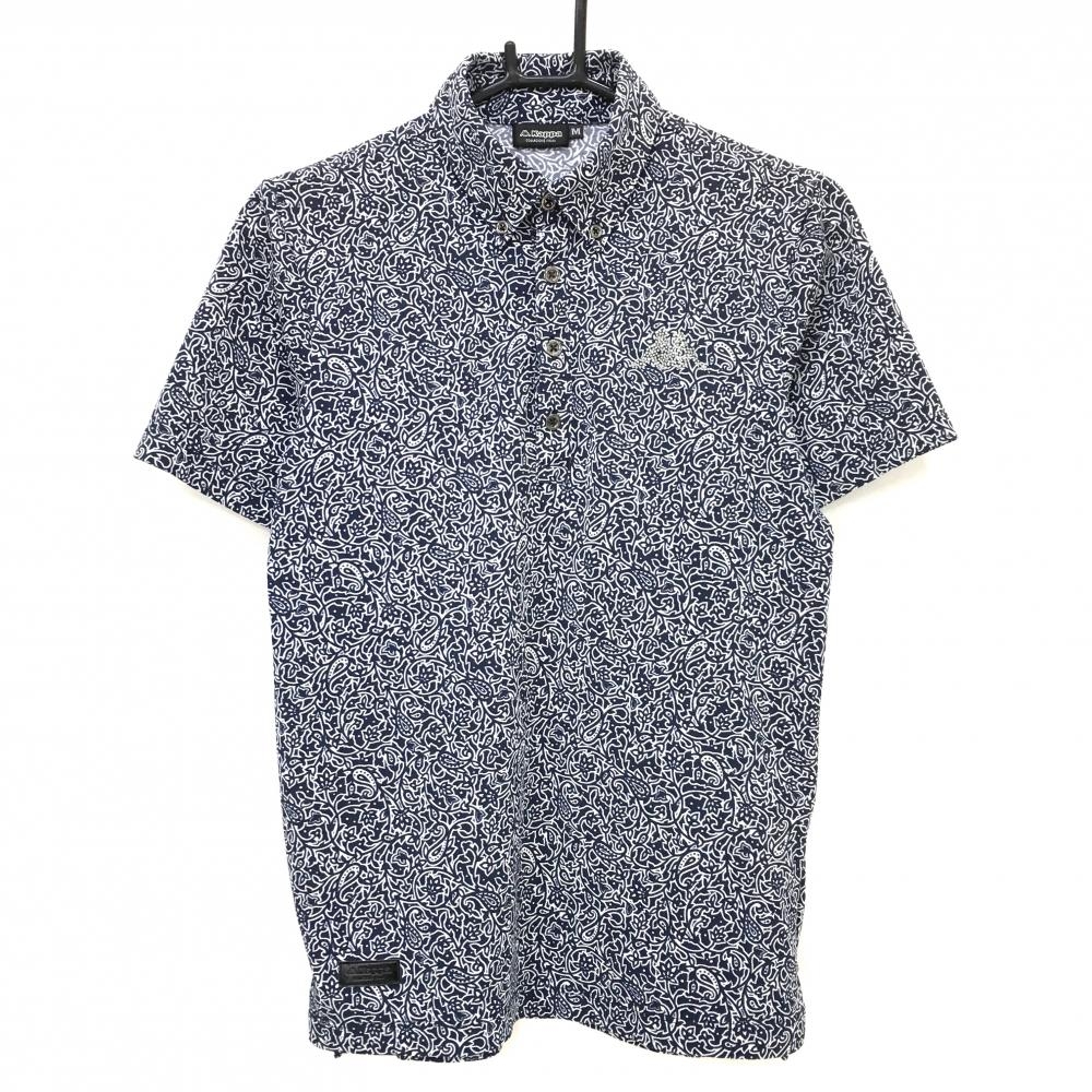 【超美品】カッパ 半袖ポロシャツ ネイビー×白 ペイズリー調総柄 ボタンダウン ラインストーンロゴ メンズ M ゴルフウェア Kappa
