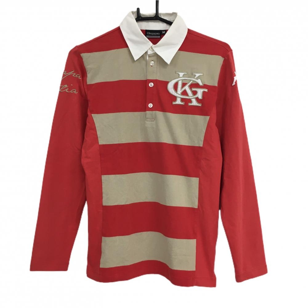 カッパ 長袖ポロシャツ レッド系×ベージュ ボーダー メンズ M ゴルフウェア Kappa