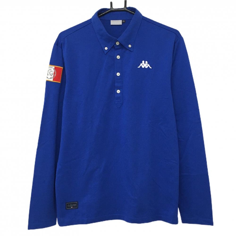 【美品】カッパ 長袖ポロシャツ ブルー×白 地模様 ボタンダウン ロゴ刺しゅう メンズ O ゴルフウェア Kappa