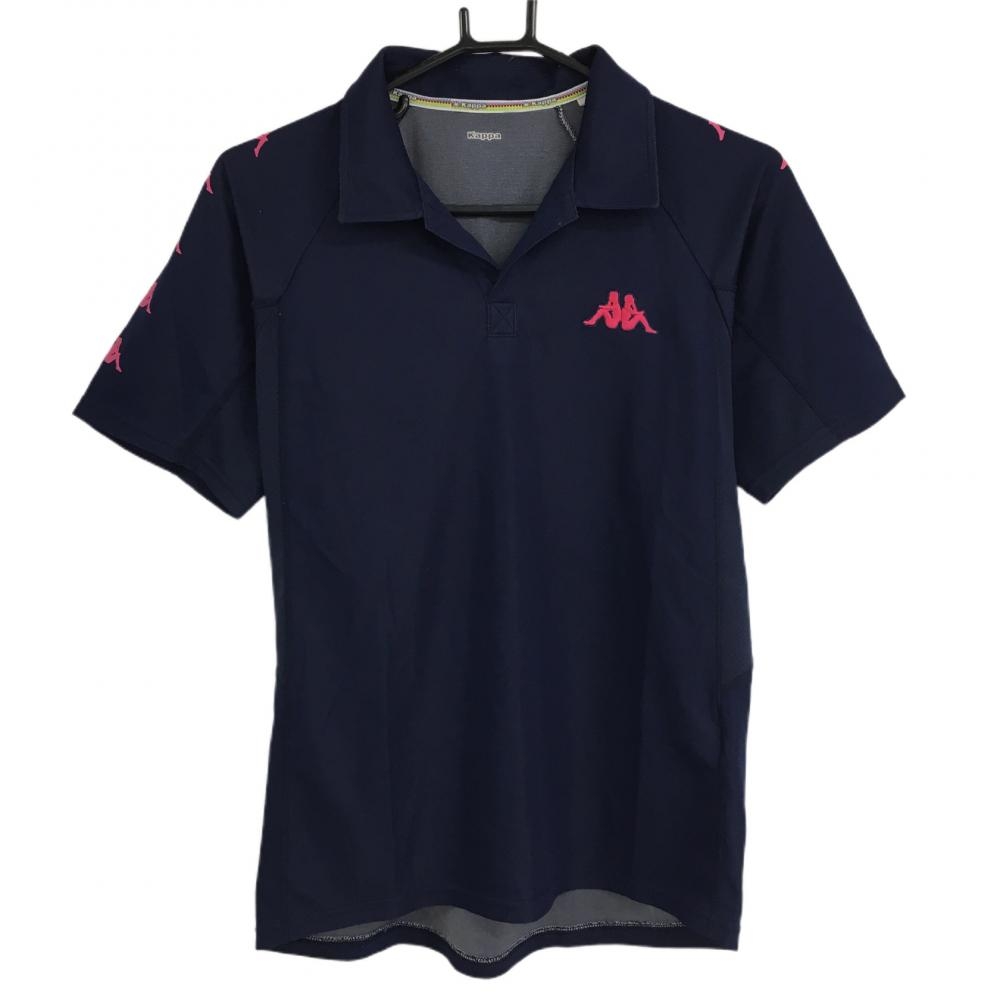 【美品】カッパ 半袖スキッパーシャツ ネイビー×ピンク 肩ロゴプリント メンズ M ゴルフウェア Kappa 画像